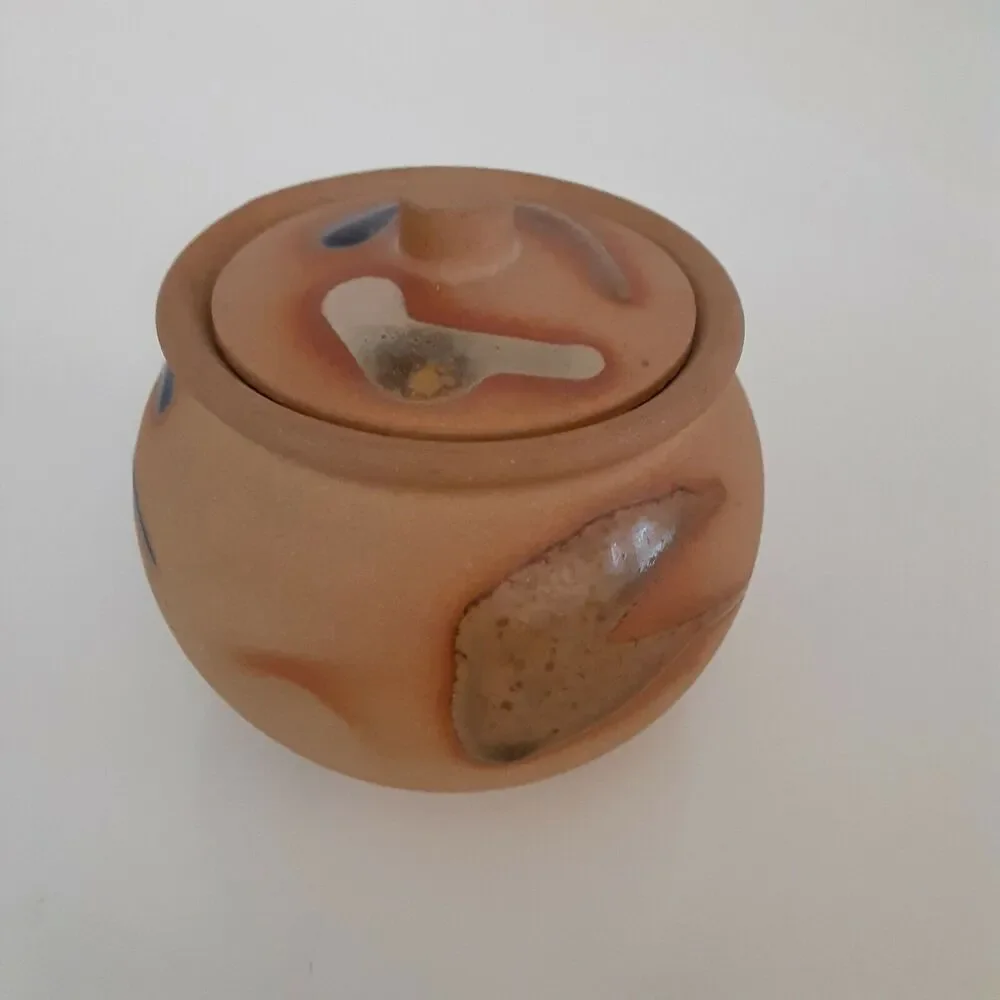 Miniature Stoneware Art Pottery Jar w/lid Southwest Japandi Abstract
